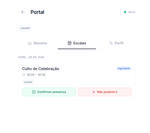 Confirmação na palma da mão do voluntário — Módulo Ministérios do Base3