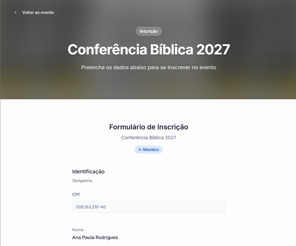 Inscrição em segundos para quem já é da casa — Módulo Agenda e Eventos do Base3